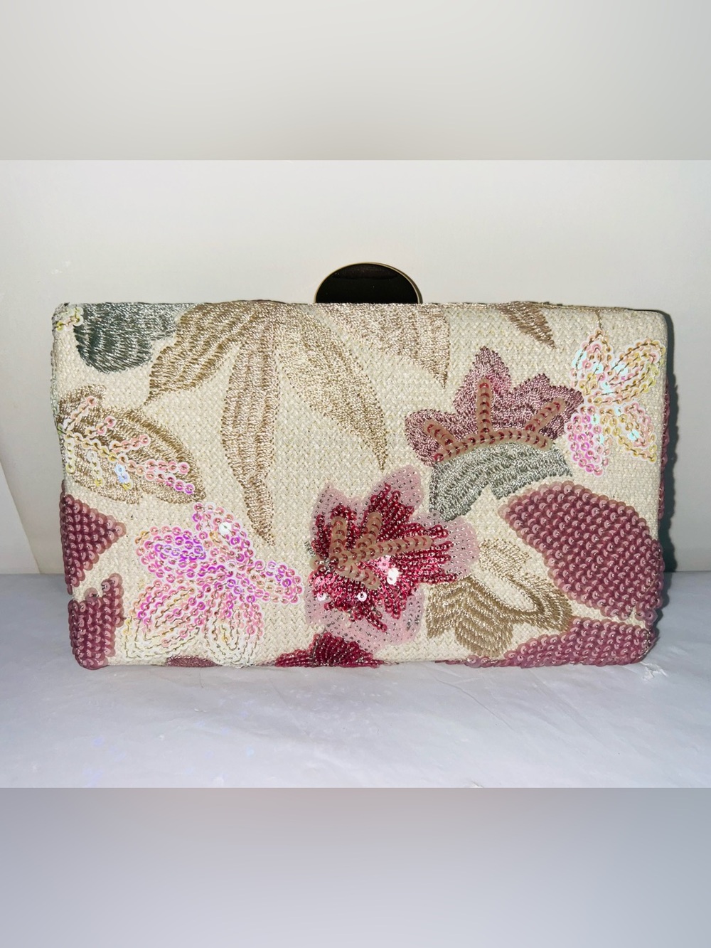 Embroidered Sequin and crocheted Floral Clutch - Pink & Gold